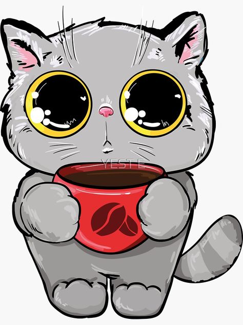 Pegatina «Lindo gato tomando café» de younesghaleb | Redbubble Coffee Stock, Coffee Cat, Coffee Illustration, Sharpie Art, Cats Illustration, A Cup Of Coffee, Cat Coffee, Kitty Cats, Cute Panda