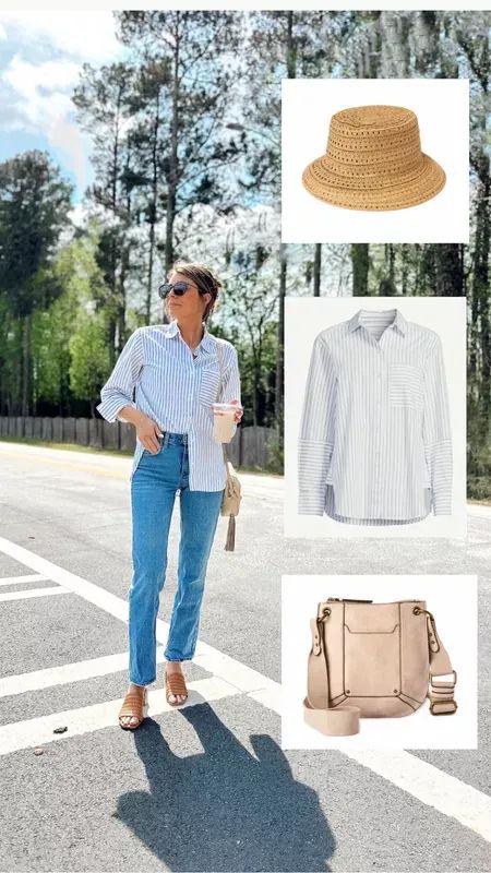 How to Style a button down top for Women. Stylish and casual summer outfit ideas for moms. Each of these pieces are under $20! How to style a straw bucket hat. Top For Women Stylish, Outfit Ideas For Moms, Bucket Hat Outfit, Straw Bucket Hat, Summer Outfit Ideas, Outfits With Hats, Top For Women, Casual Summer Outfit, Casual Summer Outfits