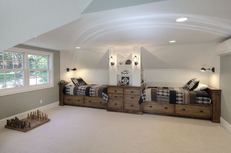 . Bedroom Ideas Attic, Boys Bunk Room, Bonus Room Bedroom, Boys Bedroom Ideas, Cedar Cove, Bunk Rooms, Attic Space, Attic Bedrooms, Attic Renovation