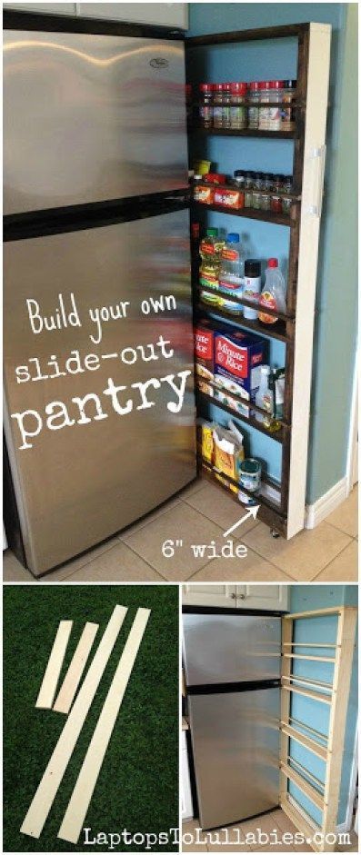 Build your own slide-out pantry {Heather's Handmade Life} Slide Out Pantry, Diy Slides, Messy Kitchen, Organizing Hacks, Kitchen Cabinet Organization, Cabinet Organization, Shed Plans, Home Design Decor, Diy Organization