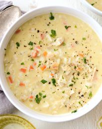 Creamy Chicken Lemon Rice Soup l SimplyScratch.com #lemon #chicken #rice #soup #homemade #easy #recipe #fromscratch #healthy Cauliflower Kale Salad, Lemon Rice Soup, Chicken Lemon, Lemon Chicken Soup, Chicken Rice Soup, Lemon Rice, Diced Carrots, Broccoli Cauliflower, Maple Bacon