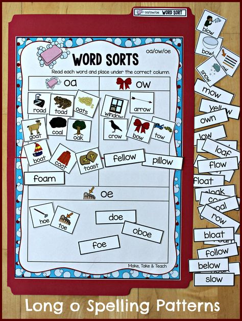 oa/ow/oe file folder word sorting activity. Great way to introduce the spelling… Long O Anchor Chart, Vowel Blends, Patterns Activities, Long A Sound, Vowel Sounds Activities, Vowel Teams Activities, Word Sort Activities, Teaching Vowels, Word Study Activities