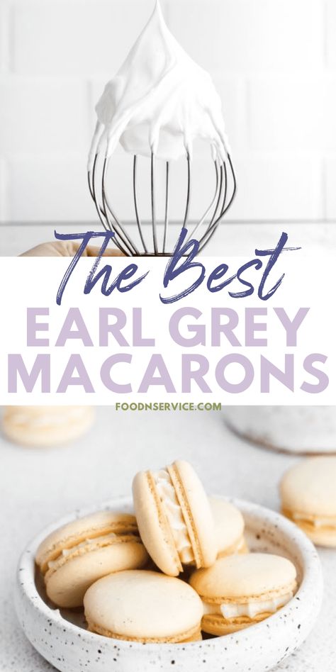 These Earl Grey Macarons are classic almond based macaron cookies filled with a rich and creamy earl grey tea buttercream. Macarons are deliciously dainty bite-sized cookies that are perfect for a snack, brunch, or a spur of the moment sweet treat. They're so yummy and elegant they also make a great gift for a special occasion. via @foodnservice Lavender Earl Grey Macarons, Earl Grey Macaron Recipe, Earl Grey Macaron, Grey Macarons, Italian Macarons, Macaron Recipes, Macaron Filling, Macaron Cookies, Tea Cookies