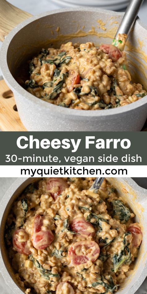 Farro Mac And Cheese, Farro Vegan Recipes, Cheesy Farro, Cannellini Beans Recipes, Farro Recipes, Vegan Party Food, Recipe Pasta, Vegan Party, Wfpb Recipes