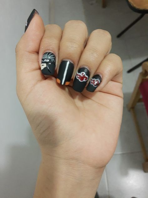 Kakashi Nails Designs, Kakashi Nails, Kakashi Akatsuki, Naruto Nails, Akatsuki Cloud, Naruto Clothing, Small Nails, Cow Nails, Anime Nails