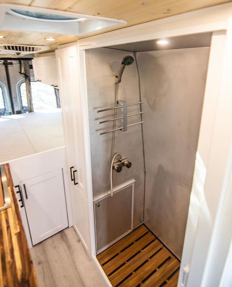 Maximizing space with this custom Rossmönster shower stall with a concealed toilet on 500lb gear slides. #rossmonstervans⁠⠀ ⁠⠀ ⁠⠀ ⁠⠀ ⁠⠀ ⁠⠀… Bedroom Bathroom Combo, Micro Campers, Concealed Toilet, Small Prefab Homes, Movable House, Custom Bench Seating, Hidden Toilet, Rv Toilet, Rv Van