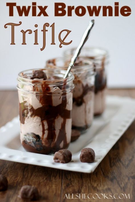 twix brownie trifle #EatMoreBites #CollectiveBias #ad Twix Brownies, Brownie Trifle, Mason Jar Desserts, She Cooks, Decadent Chocolate Desserts, Trifle Desserts, Trifle Recipe, Birthday Desserts, Easy No Bake Desserts