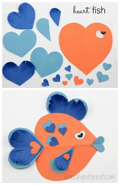 Lots of Heart Shaped Animal ideas ~ simple Valentines Day craft Fish Craft, Paper Fish, Construction Paper Crafts, Preschool Valentines, Valentine Crafts For Kids, Fish Crafts, Valentines Day Activities, Valentines Art, Paper Heart