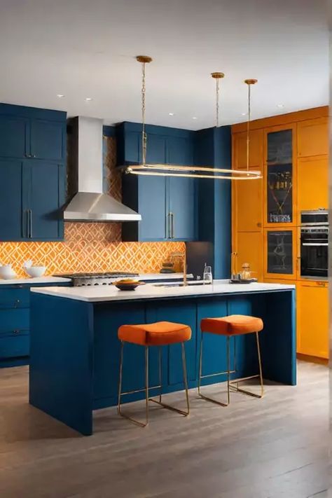 Energetic kitchen design with bold colors and patterns Navy And Orange Kitchen, Bold Kitchen Design, Blue And Orange Kitchen, Bold Kitchens, Modern Colorful Kitchen, Kitchen Trends 2024, Kitchen Color Schemes, Kitchen Color Palettes, Bold Kitchen