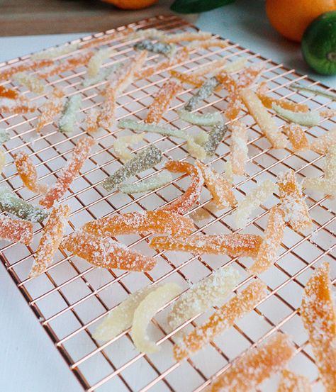 Sour Candied Citrus Peels | Heinen's Grocery Store How To Make Candied Orange Peel, Candied Orange Zest, Citrus Peel Candy, Candied Grapefruit Peel, Candies Orange Peel, Sour Candied Citrus Peels, Orange Peels Uses, Candied Fruit Recipes, Candied Citrus