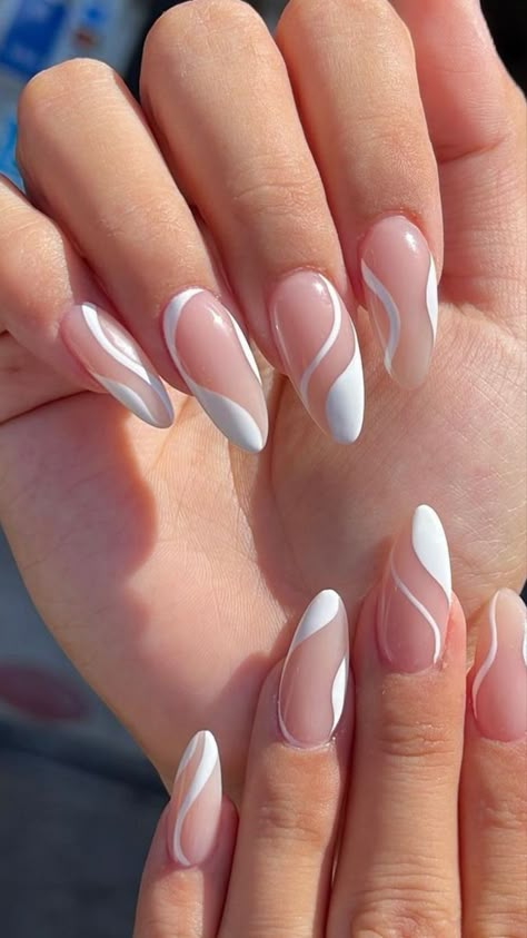 aesthetic summer nails Trendy Almond Nails White Design, White Minimalist Nails Almond, White Nails Nail Art, Nail Inspo Tropical Vacation, Nails White Design Classy, Nail Ideas For Women Over 40, White Acrylic Nails Aesthetic, Pink And White Abstract Nails, Squoval Nails Design Spring