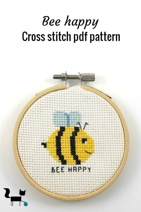 This simple but cute bee happy cross stitch pattern can be used to make gift for somebody who needs cheering up or for a bee lover. #crossstitchpattern #bee #behappy Bee Happy Cross Stitch, Cross Stitch Bee Pattern, Tiny Cross Stitch Patterns Minis Free, Fun Cross Stitch Patterns, Free Cross Stitch Pattern, Animal Cross Stitch, Small Cross Stitch, Simple Cross, Animal Cross Stitch Patterns