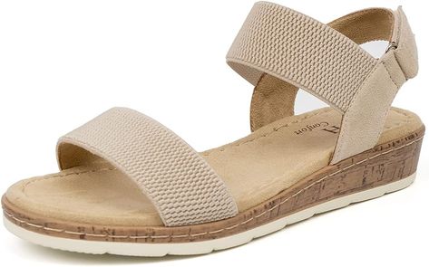 Amazon.com: VJH confort Women’s Flat Sandals Open Toe Elastic Ankle Strap Slip on Comfy Low Wedge Sandals（Beige,8） : Clothing, Shoes & Jewelry Wedge Sandals Outfit, Low Wedge Sandals, Sandals Outfit, Low Wedges, Toe Designs, Casual Sandals, Shoe Care, Ankle Strap Sandals, Strap Sandals