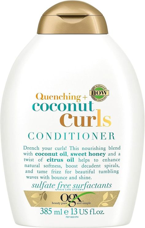 OGX Quenching+ Coconut Curls for Curly Hair Conditioner of OGX’s best-selling products, specially formulated to enhance natural softness and define curls.   Collection Contains:   1 x OGX Quenching Plus Coconut Curls Shampoo for Curly Hair (385ml) - helps enhance natural softness whilst defining curls and taming frizz. Formulated with a unique, nourishing combination of Coconut Oil, Sweet Honey and Citrus Oil, it combats frizz and flyaways, boosts waves, and delivers natural softness. The shampo Coconut Curls Shampoo, Curly Hair Conditioner, Coconut Curls, Ogx Coconut, Conditioner For Curly Hair, Coconut Conditioner, Conditioner Curly Hair, Define Curls, Curl Conditioner