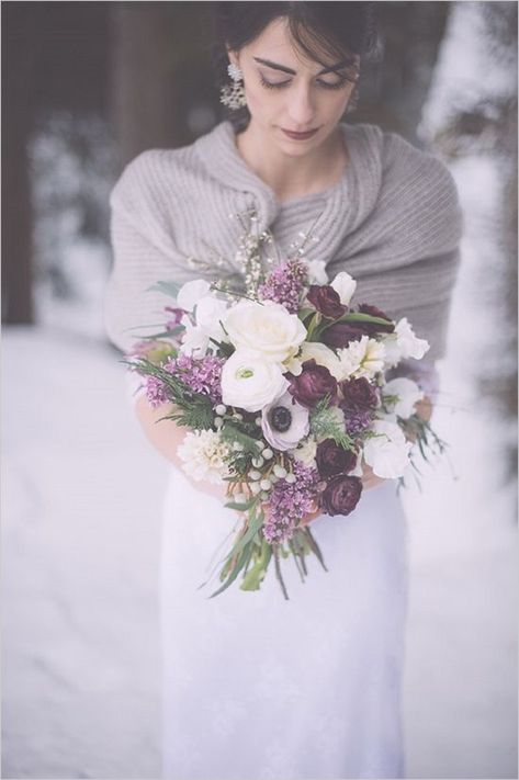 Winter Wedding Planning, Purple Wedding Bouquets, Rustic Winter Wedding, Winter Wedding Bouquet, Blue Wedding Bouquet, Winter Bouquet, Purple Bouquet, Winter Wedding Flowers, Purple Wedding Flowers