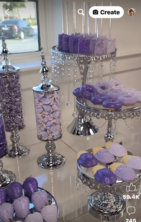 15 Birthday Ideas Decorations Purple, Lavender Themed Sweet 16, Purple Party Ideas Decorations, Sweet 16 Party Ideas Lavender, Sweet 16 Lavender Theme, Purple Quince Decor, Quinceanera Dessert Table Ideas, Shades Of Purple Party, Purple Butterfly Sweet 16