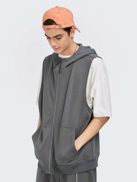 Dark Grey Casual  Sleeveless Cotton Plain Zip Up  Slight Stretch Spring/Fall Men Hoodies & Sweatshirts Sleeveless Hoodie Men, Hoodie Outfit Men, Basic Clothing, Men Hoodies, Mens Windbreaker, Hoodie Men, Sleeveless Hoodie, Sleeveless Jacket, Hoodie Outfit