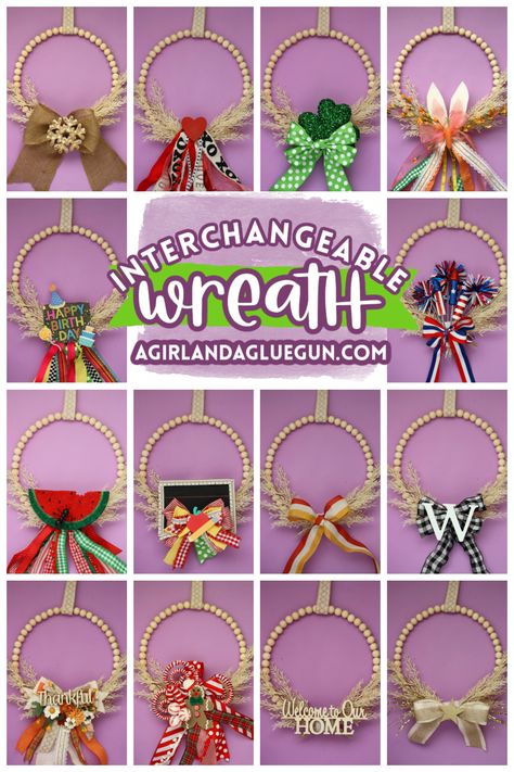 Why have 12 different wreaths when you can have 1 DIY interchangeable wreath? Head to @hobbylobby and grab all the supplies to make the coolest new wreath for your front porch! #HobbyLobby, #HobbyLobbyFinds, #ad Wreath With Changeable Seasons, Diy Door Swag, Interchangeable Wreath, Enchanted Library, Crochet Ornament Patterns, Crochet Wreath, Lamp Diy, Wreath Project, Door Wreaths Diy