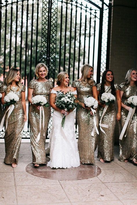 Swooning over those sequin bridesmaid gowns! Glittery Bridesmaid Dresses, Sequins Bridesmaid Dresses, Donut Walls, Bridesmaid Dresses Ideas, Gold Sequin Bridesmaid Dress, Sequin Bridesmaid Dress, In My Purse, Bridesmaids Dress Inspiration, Sequin Bridesmaid