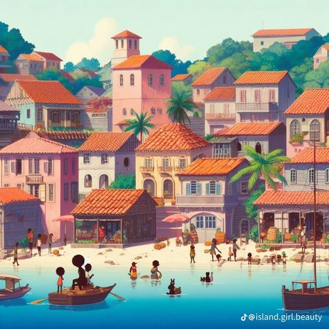 Island City Concept Art, Beach City Concept Art, Tropical City Concept Art, Caribbean Fantasy Art, Beach Kingdom Fantasy Art, Kingdom Inspiration, Pirate Props, Fantasy Kingdom, Planet Coaster