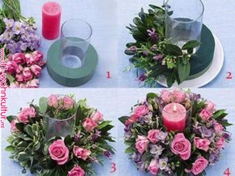 Flowers And Candles, Front Porch Christmas, Diy Hack, Flower Arrangements Diy, Diy Flores, Kraf Diy, Diy Arrangements, Rose Candle, Floral Arrangements Diy