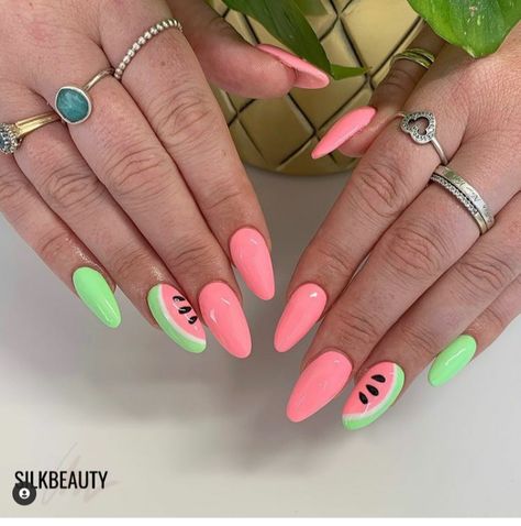 Watermelon Nails Acrylic, Watermelon Nail Designs, Watermelon Nail, Watermelon Nail Art, Fruit Nail Designs, Fruit Nail Art, August Nails, Watermelon Nails, Colors 2023