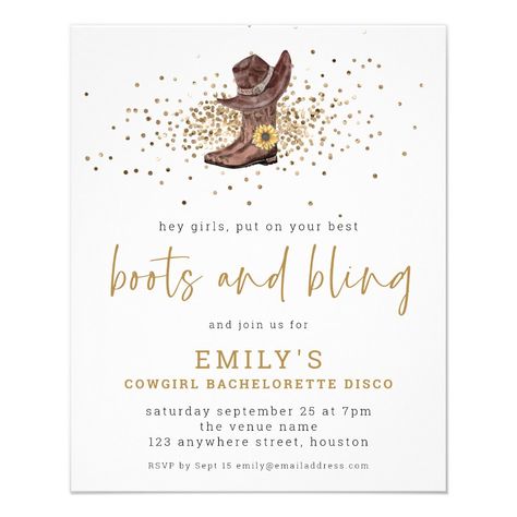 PAPER | Boots Bling Cowgirl Bachelorette Disco | #bootsandbling #bachelorettediscoparty #elegant #fauxglitter #modernscript #sunflower #trendy #discocowgirl #gold #valueinvitation Bachelorette Disco, Cowgirl Bachelorette, Boot Bling, Bachelorette Invitations, Bachelorette Party Invitations, Disco Party, Hey Girl, Cool Boots, Bachelorette Party