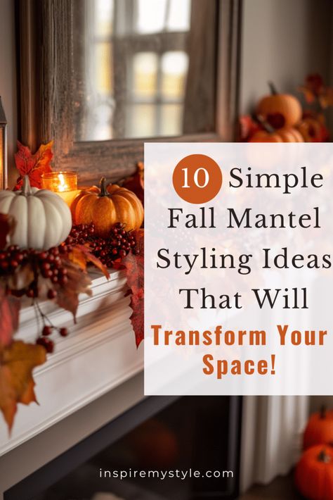 Not sure how to create a cozy look for fall? Check out these simple fall mantel decorating ideas to bring warmth and charm to your home. Be sure to save this pin so you can revisit these fall decor mantle ideas later! 🍂 Fall Mantel Display, Pumpkins On Mantel, Spanish Fall Decor, Simple Classy Fall Decor, Fall Mantel Decoration Ideas, Fall Pumpkin Mantle Decor, Mantle Decorating Ideas Fall, Fall Decor For Fireplace Mantel With Tv, Fall Leaves Mantle Decor