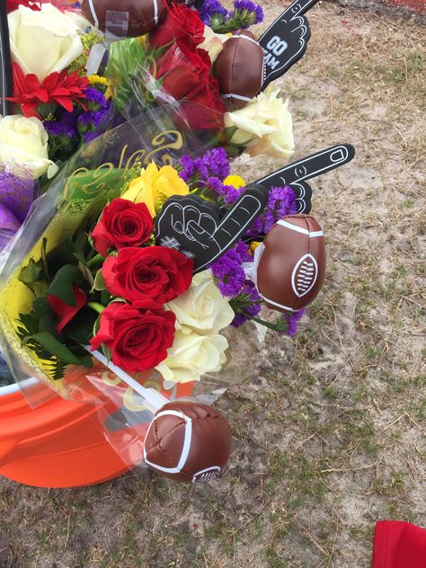 Flag Football Senior Night Flower Bouquet Senior Night Flowers, Football Bouquet, Football Night, Senior Football, Senior Night Gifts, Football Cheer, Night Flowers, Senior Night, Eighth Grade