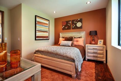 Orange Accent Wall, Orange Bedroom Walls, Burnt Orange Bedroom, Orange Accent Walls, Orange Bedroom Decor, Orange Bedroom, Living Room Orange, Transitional Bedroom, Bedroom Orange