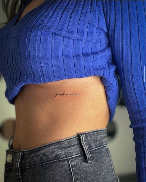 Text Tattoo Ribs Women, Ribcage Name Tattoo, Ribcage Script Tattoo, Divine Rib Tattoo, Rib Cage Word Tattoos For Women, Dainty Simple Tattoos, Word On Ribs Tattoo, Fineline Cursive Tattoo, Cute Ribcage Tattoos For Women