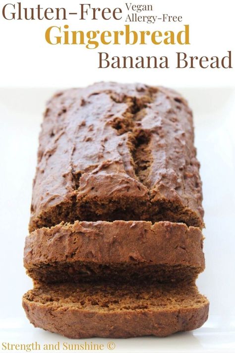 Gluten-Free Gingerbread Banana Bread (Vegan, Allergy-Free) | Strength and Sunshine | Combining soft and moist banana bread with perfectly spiced gingerbread for the ultimate baked treat! This Gluten-Free Gingerbread Banana Bread is vegan and allergy-free. Loaded with naturally sweet ripe bananas, warm gingerbread spices, and an essential dose of molasses! This easy quick bread recipe is perfect for holiday gifting or eaten as a delicious breakfast, snack, or dessert! Gingerbread Banana Bread, 2024 Cookies, Vegan Gluten Free Banana Bread, Gluten Free Quick Bread, Gluten Free Banana Bread Recipe, Banana Bread Vegan, Easy Quick Bread, Vegan Banana Bread Recipe, Molasses Recipes