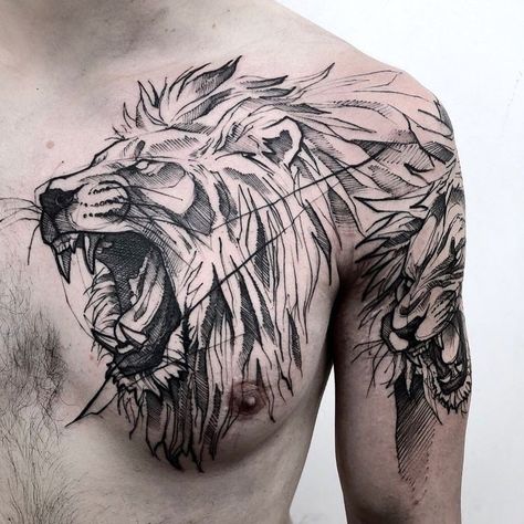 Vision Tattoo, Lion Chest Tattoo, Lion Shoulder Tattoo, Rabe Tattoo, Puzzle Tattoos, Sketch Style Tattoos, Lion Tattoo Sleeves, Mens Lion Tattoo, Petit Tattoo