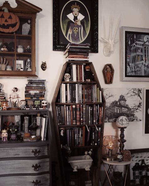 Christina🦇 on Instagram: “Where do you keep your thoughts? 🌙🔮 . . . Coffin bookshelf is by @halloweenpsycho . . . . . . . . . . . . . . . . . . . . . #halloween…” Coffin Shelf Decor, Goth Reading Nook, Horror Bookshelf, Goth Bookshelf, Dark Bookshelf, Subway Tile Wallpaper, Coffin Bookshelf, Alternative Decor, Gothic Witch