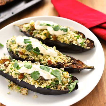 Middle Eastern Roasted Eggplant with Couscous - 15 min prep for this fragrant, melt-in-your-mouth eggplant with fresh couscous. Eggplant Stuffed, Roasted Aubergine, Seven Layer Dip, Spiced Rice, Spiced Chickpeas, Roasted Eggplant, Recipetin Eats, Middle Eastern Dishes, Roast Eggplant