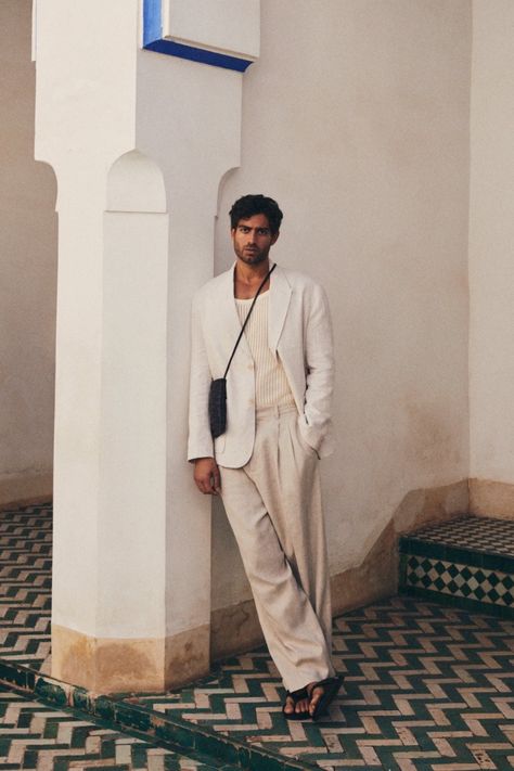 Zara's summer collection takes a vibrant journey to Marrakesh, Morocco, with relaxed silhouettes, leather sandals, and woven crossbody bags. White Tuxedo Wedding, Wedding Guest Men, Zara Summer, Mens Editorial, White Tuxedo, Mens Spring Fashion, Tuxedo For Men, Spring Fashion Trends, Men Fashion Casual Outfits