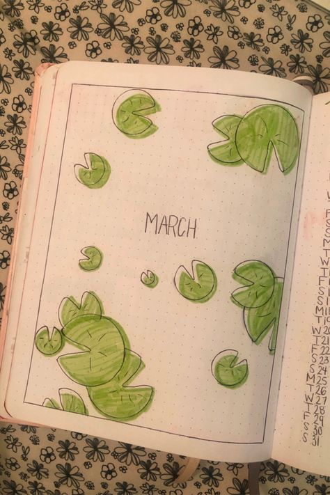 Spring, frog lily pad cover page for march in my bullet journal March Journal Cover Page, March Journal Spread, Cover Page Drawing Ideas, Spring Bullet Journal Cover, March Calendar Doodles, March Scrapbook Page, Journal March Ideas, March Reading Journal, Bujo Frog Theme