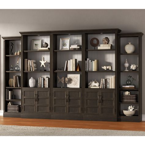 This 24 inch wide bookcase provides the perfect blend of style and functionality. Top Of Bookcase Decor, Office With Built In Bookshelves, Modern Library Room, Office Shelving Ideas, Moody Den, Peninsula Desk, Bookcase Ideas, Wide Bookcase, Office Built Ins