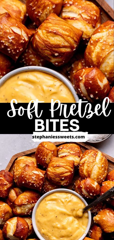 These soft pretzel bites are small pretzel bites. They are homemade and have great flavor. They are also paired with a nacho cheese sauce. They have the perfect pretzel flavor and chewy texture of full homemade pretzels in a convenient bite size. Homemade Pretzel Bites, Nachos Cheese Recipe, Homemade Pretzel, Soft Pretzel Bites, Pretzel Bites Recipes, Pretzel Bread, Pretzel Dough, Warm Desserts, Homemade Pretzels