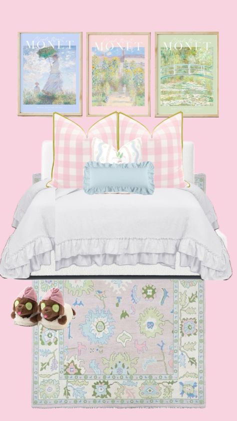 Pink Wallpaper Bedroom Ideas, Blue And Pink Room, Wallpaper Bedroom Ideas, Pink Wallpaper Bedroom, Blue And Pink Bedroom, College Bedroom Apartment, College House Decor, Dream Dorm Room, College Dorm Room Decor