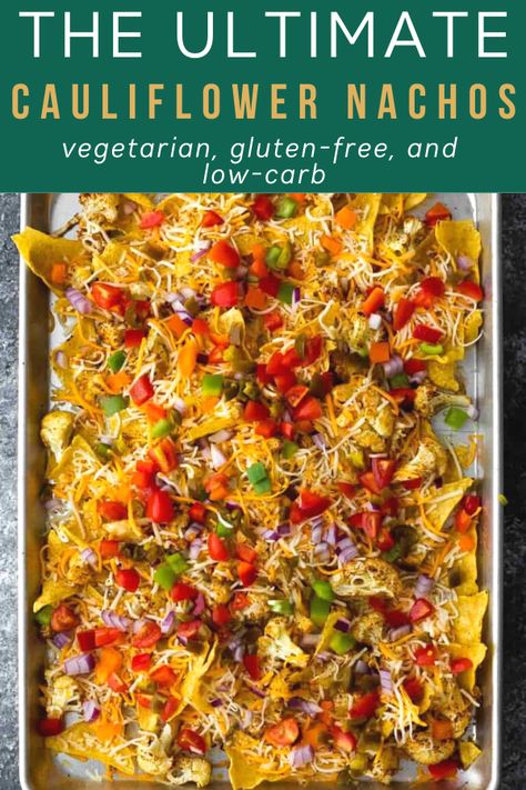 The ultimate cauliflower nachos, loaded with jalapeños, tomatoes, cheese, and crispy tortilla chips! Adding cauliflower adds more veggies and reduces the number of tortilla chips you need for a (slightly) healthier version of nachos. Cauliflower Nachos, Nachos Loaded, Sweet Peas And Saffron, Gluten Free Meal Prep, Roasted Olives, Vegetarian Nachos, Cheesy Nachos, Portobello Mushroom Recipes, Study Snacks