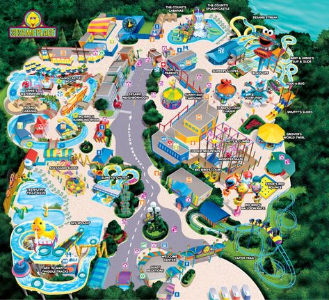 Sesame Place Amusement Park Landscape, Amusement Park Map Design, Water Park Layout, Amusement Park Layout, Sesame Street Place, Theme Park Planning, Theme Park Map, Sesame Place, Hershey Park