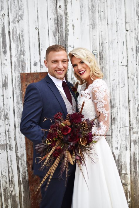 Wedding Feather Bouquets, Bride Bouquets With Feathers, Bridal Bouquet Pheasant Feathers, Pheasant Feathers Wedding, Pheasant Feather Bouquet, Bouquet With Pheasant Feathers, Pheasant Feather Wedding, Blue Suit Groom, Bouquet With Feathers