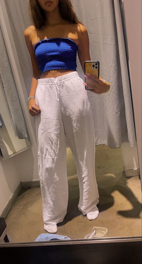 fashion, blue, white pants, tube top, outfit ideas, h&m, summer fits, minimalistic outfits Blue Bandeau Top Outfit, Bandeau Top Outfits Summer, Strapless Top Outfit Summer, Tube Outfit Ideas, Blue Tube Top Outfit, Bandeau Top Outfit, Bandeau Top Outfits, Tube Top Outfit Ideas, Strapless Top Outfit