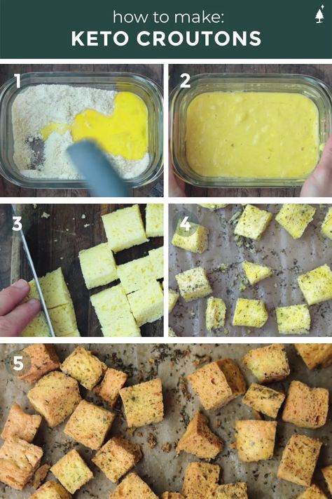 This keto croutons recipe is quick, crisp and the perfect topper to any salad. I make these from my 90-second keto bread. #ketocroutons #lowcarbcroutons Low Carb Croutons, Keto Croutons, Veggie Keto, Keto Mug Bread, Croutons Recipe, 90 Second Keto Bread, Crouton Recipes, Atkins Recipes, Pine Kitchen