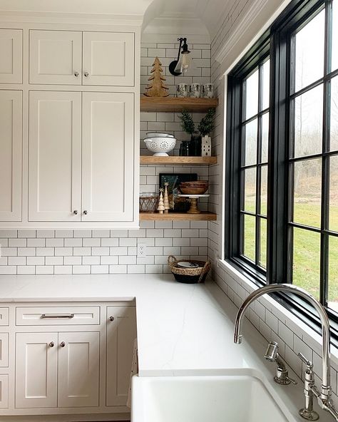 Beautiful Homes of Instagram: Building a Forever Home - Home Bunch Interior Design Ideas Kitchen Window Tile, Kitchen Sink Window, Kitchen Paint Color, Kitchen Floating Shelves, Kitchen Windows, Color Kitchen, Home Bunch, Black Windows, Kitchen Renovations