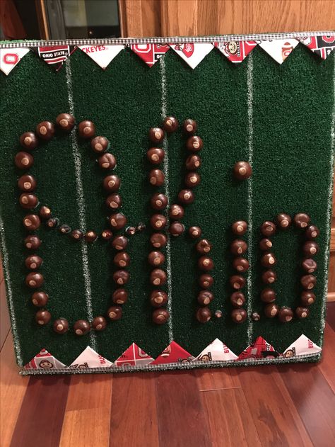 Crafts Using Real Buckeyes, Osu Crafts Diy Ohio State Buckeyes, Real Buckeye Crafts, Buckeye Nut Crafts Diy, Buckeye Decorations, Crafts With Buckeyes, Buckeye Nut Crafts, Buckeye Garland, Buckeye Crafts Ideas