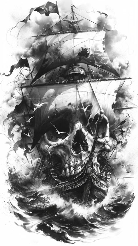 Pirate Ship Back Tattoo, Pirate Tattoo Sleeve Men, Black Beard Tattoo Pirate, Pirates Tattoo Design, Mens Sleeve Tattoo Ideas For Guys, Skull Ship Tattoo, Pirates Tattoo Ideas, Pirate Art Drawing, Ghost Ship Tattoo