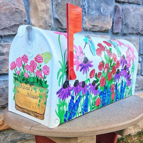 Pictured is a vibrant wildflower garden inspired by the flora of Florida! Fluttering around are some whimsical hummingbirds and butterflies greeting the garden with their colorful presence! This was a custom order a 92 year-old Nana but I can paint your state's native flowers on your very own mailbox! Just message me on Etsy and I'll see what I can do! Painted Mailbox, Large Mailbox, Painted Mailboxes, Custom Mailboxes, Native Flowers, Mounted Mailbox, Wildflower Garden, Black Eyed Susan, Forest Friends