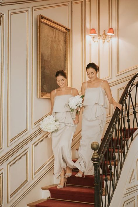 bridesmaids in chic champagne gowns Champagne Gown, Latest Bridesmaid Dresses, Summertime Wedding, Pastel Bridesmaid Dresses, Bridal Shower Planning, Chateau Wedding, Bridesmaid Style, French Chateau, Lace Bridesmaid Dresses